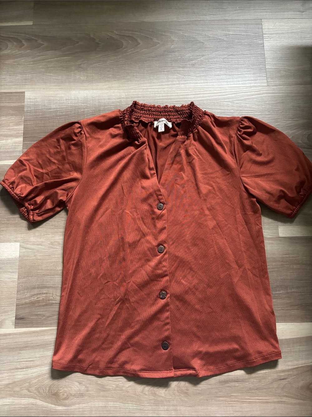 Faith and Joy Rust Button-Front Puff Sleeve Blouse